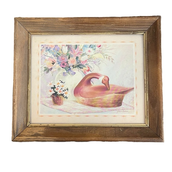 1988 art print goose flower arrangement floral painting wooden frame - Picture 2 of 12